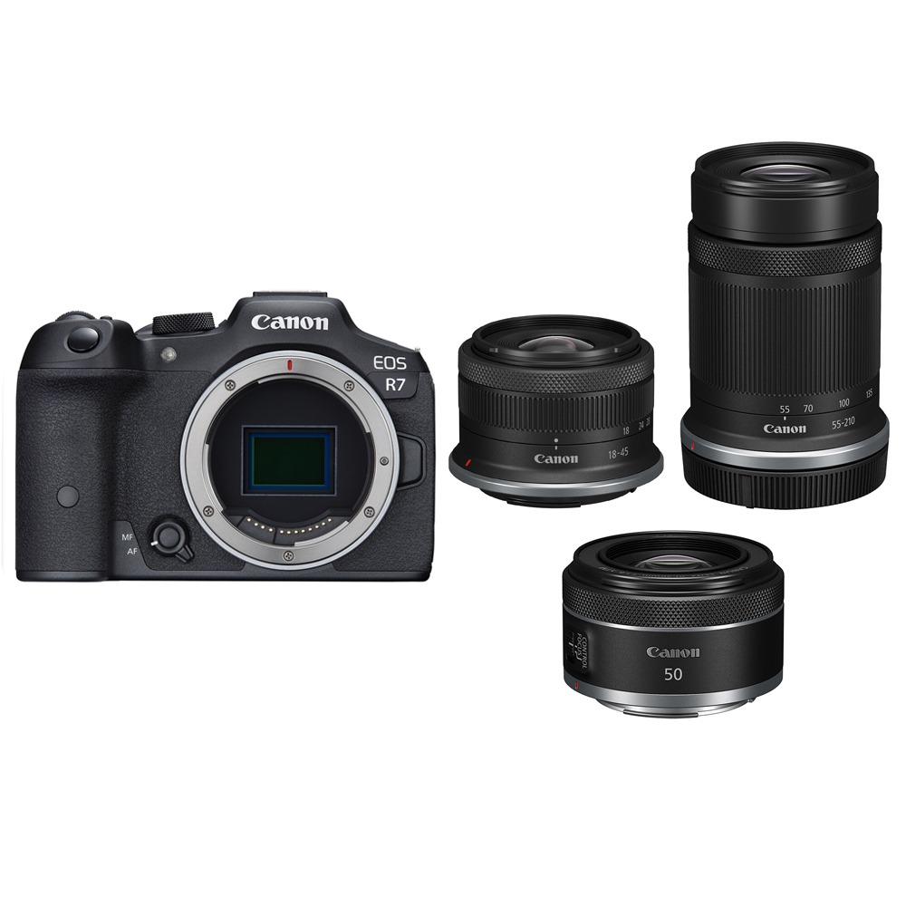 Canon EOS R7 Mirrorless Camera with RF-S 18-45mm, RF-S 55-210mm and RF 50mm f1.8 STM Lenses